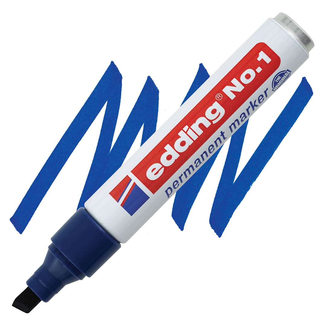 Open in modal - Edding Permanent Marker - Blue, No.1, Chisel Nib, 1-5 mm marker and swatch