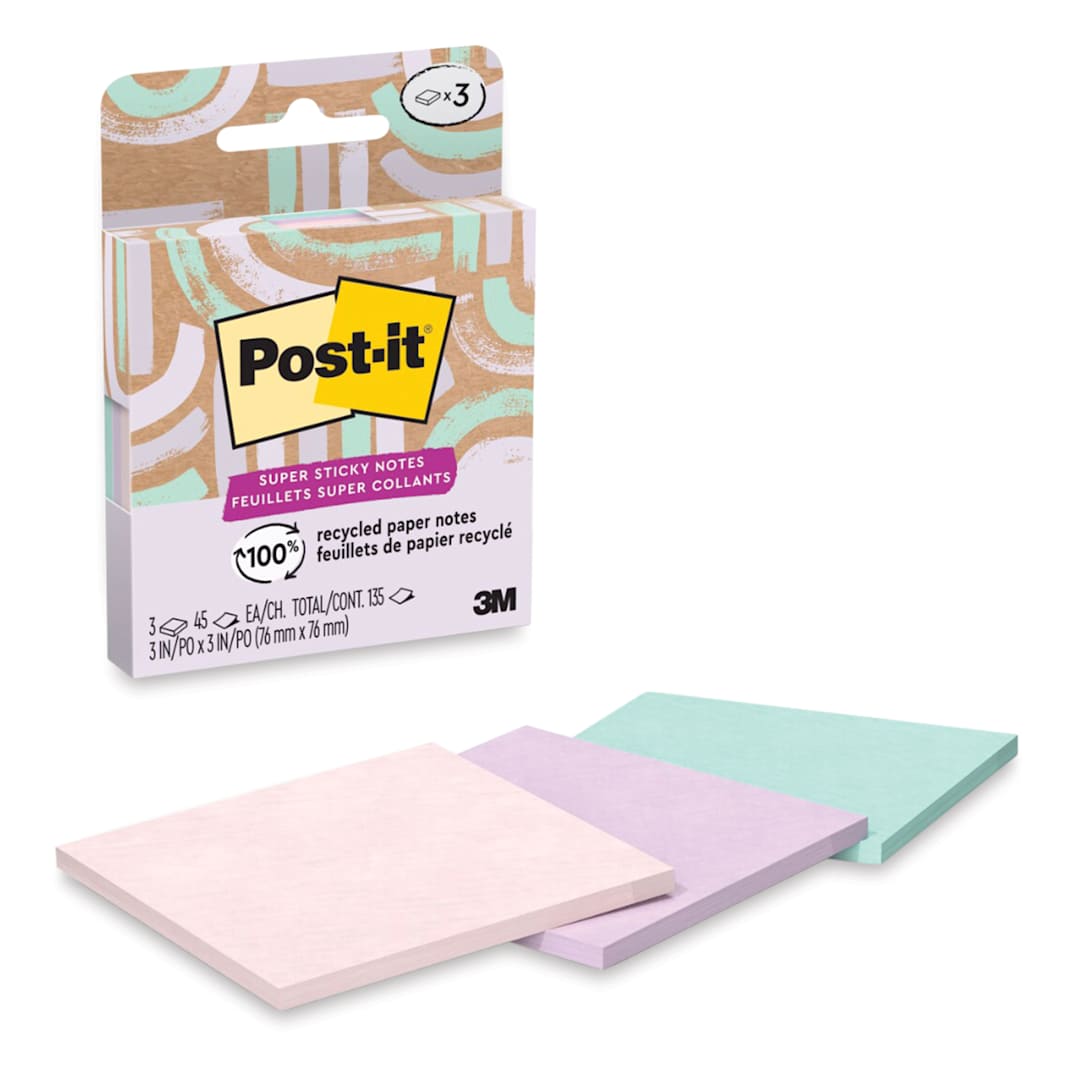 Open in modal - Post-it Recycled Super Sticky Notes - Wanderlust Pastels Collection, 3" x 3", Pkg of 3