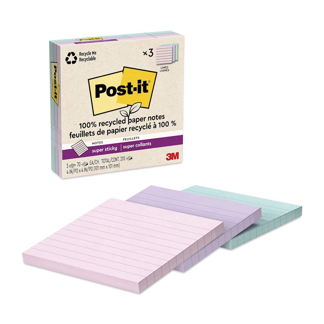 Open in modal - Post-it Recycled Super Sticky Notes - Wanderlust Pastels Collection, 4" x 4", Pkg of 3, Lined
