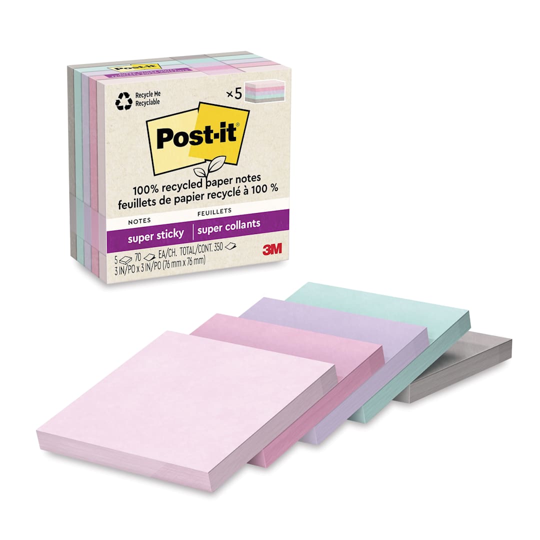 Open in modal - Post-it Recycled Super Sticky Notes - Wanderlust Pastels Collection, 3" x 3", Pkg of 5