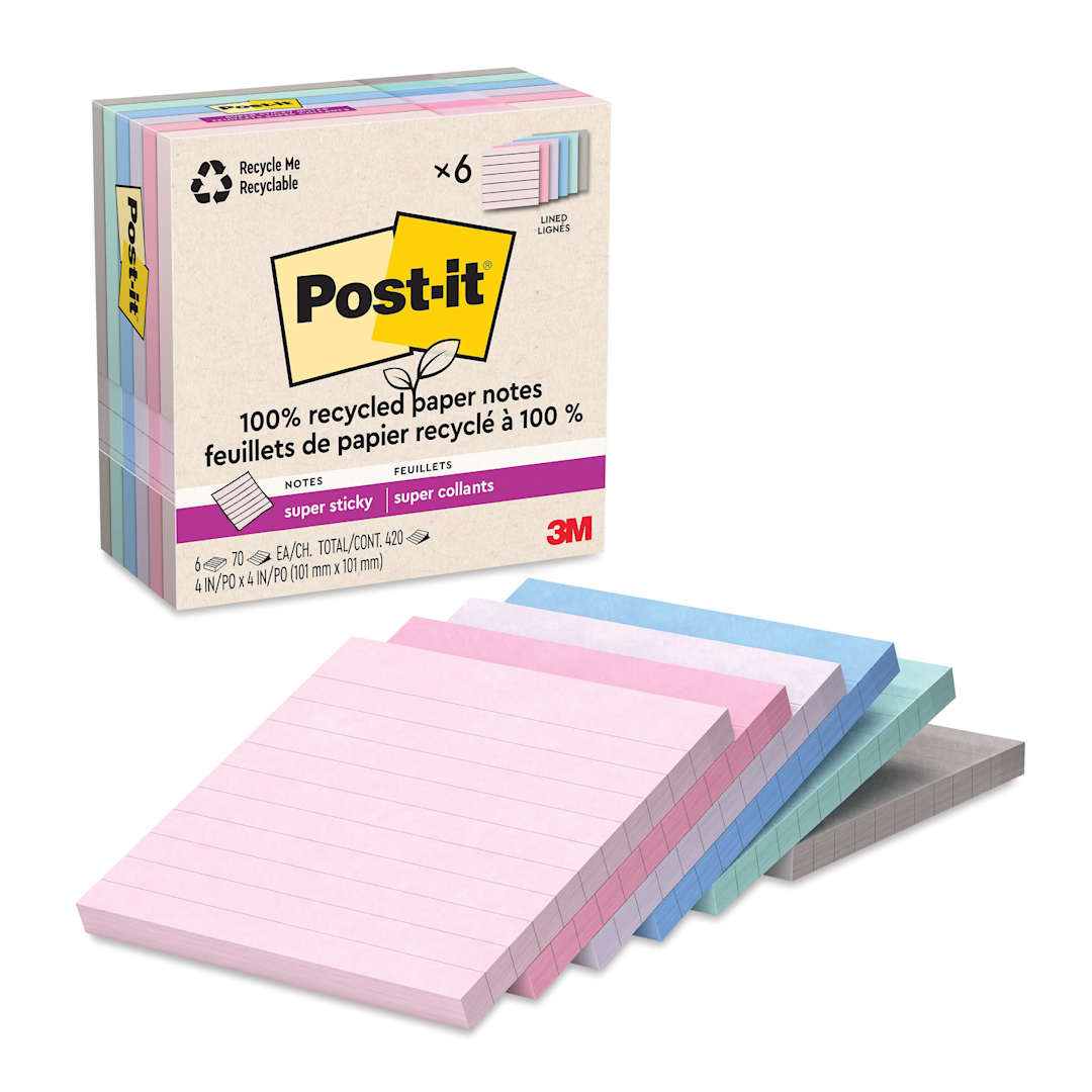 Open in modal - Post-it Recycled Super Sticky Notes - Wanderlust Pastels Collection, 4" x 4", Pkg of 6, Lined