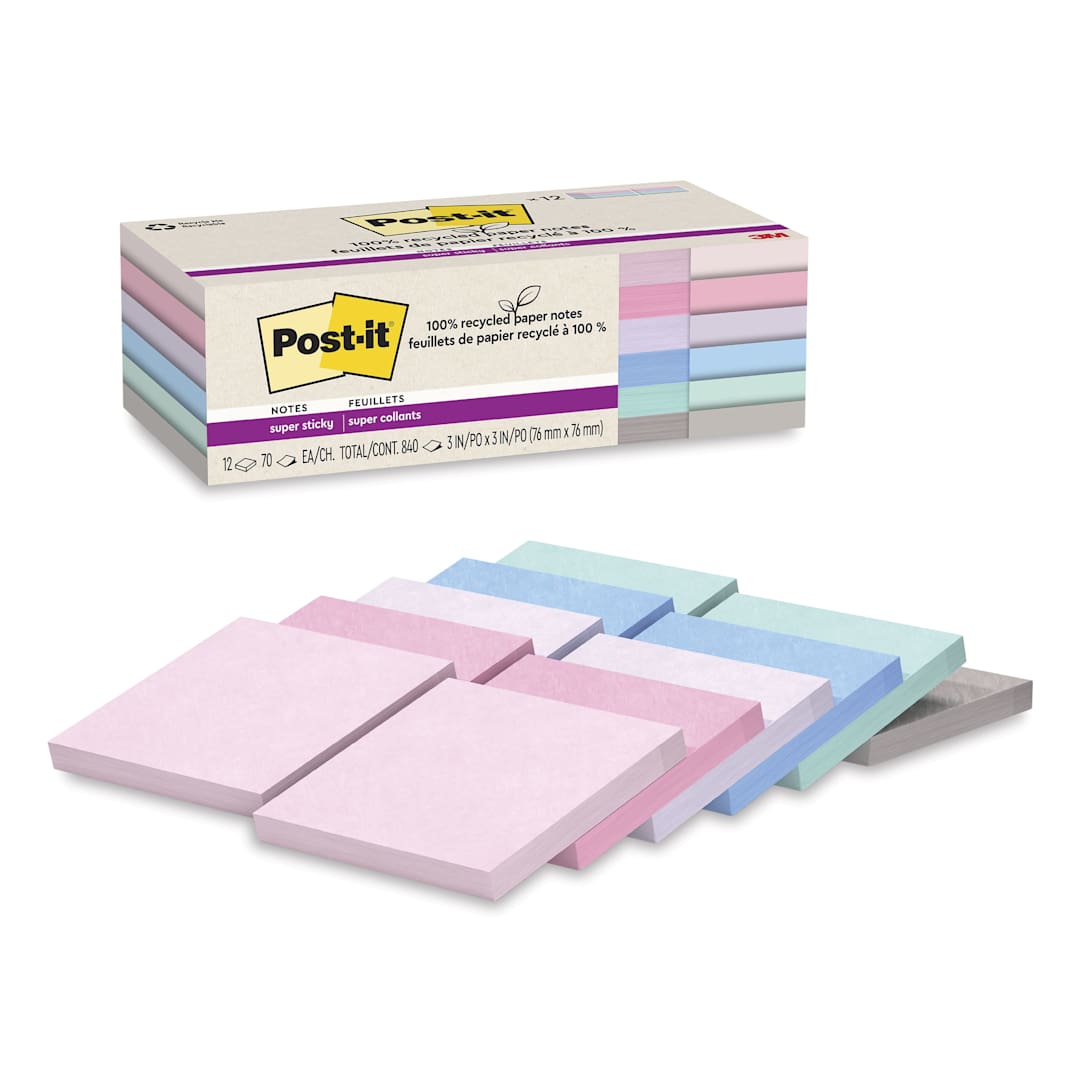 Open in modal - Post-it Recycled Super Sticky Notes - Wanderlust Pastels Collection, 3" x 3", Pkg of 12