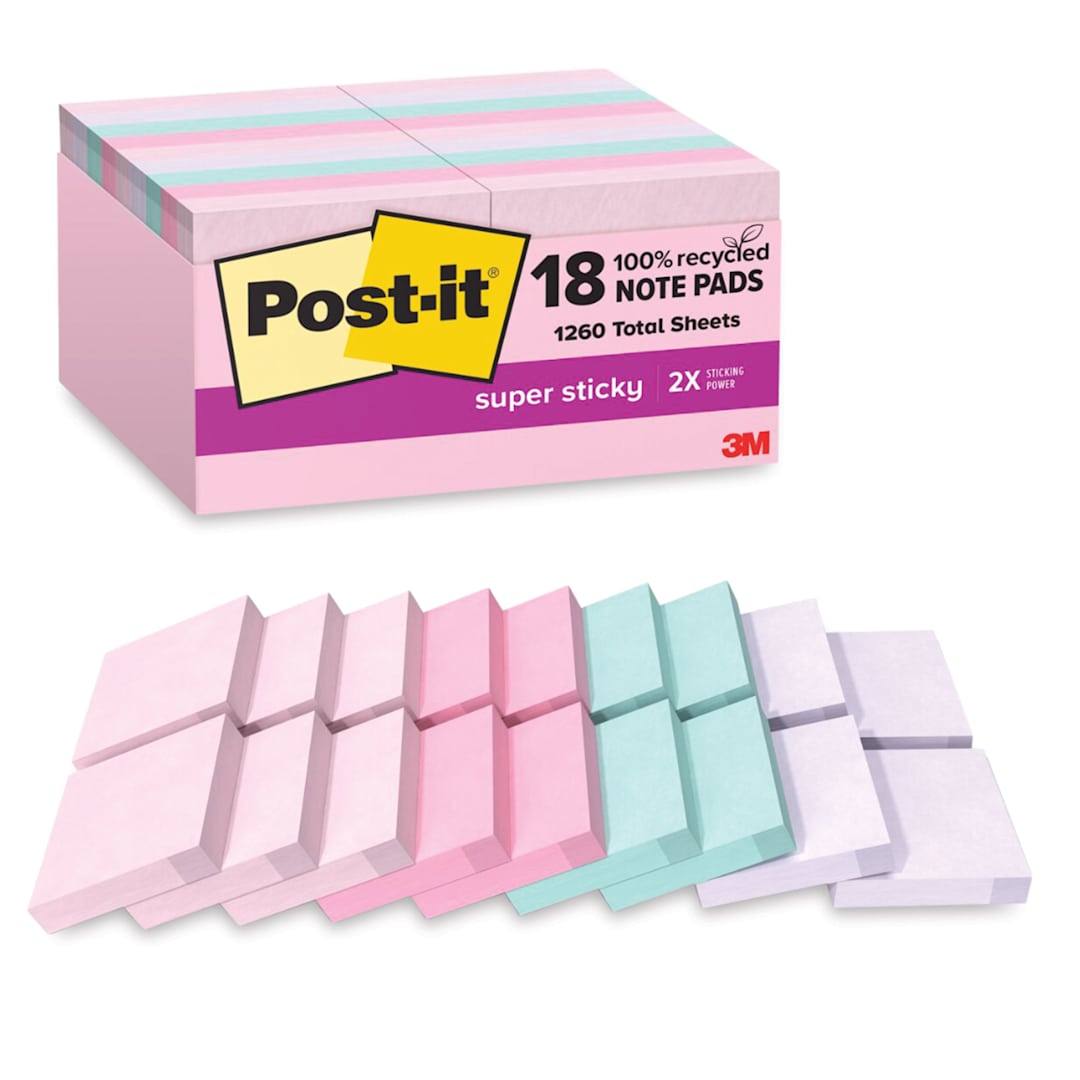 Open in modal - Post-it Recycled Super Sticky Notes - Wanderlust Pastels Collection, 1-7/8" x 1-7/8", Pkg of 18