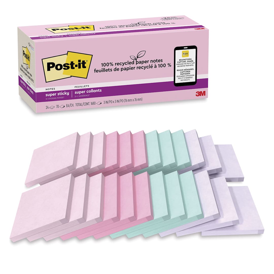 Open in modal - Post-it Recycled Super Sticky Notes - Wanderlust Pastels Collection, 3" x 3", Pkg of 24