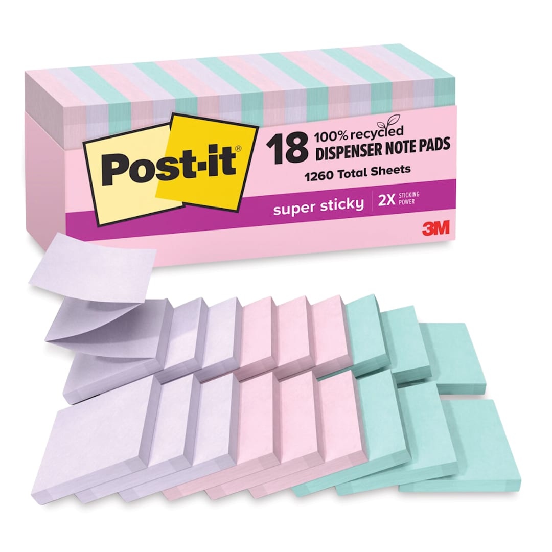 Open in modal - Post-it Recycled Super Sticky Pop-Up Notes - Wanderlust Pastels Collection, 3" x 3", Pkg of 18 contents