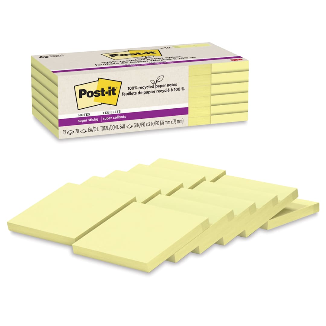 Open in modal - Post-it Recycled Super Sticky Notes - Canary Yellow, 3" x 3", Pkg of 12