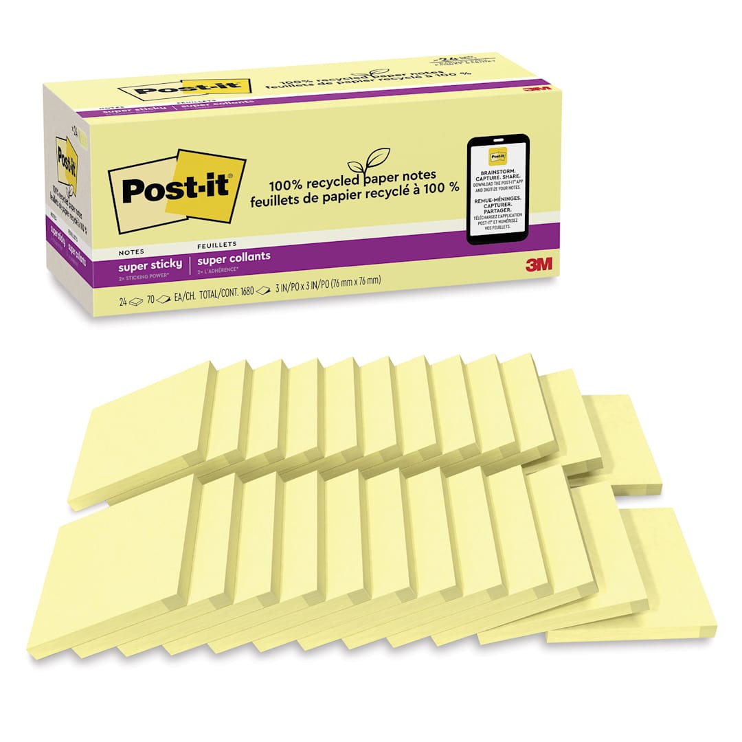 Open in modal - Post-it Recycled Super Sticky Notes - Canary Yellow, 3" x 3", Pkg of 24