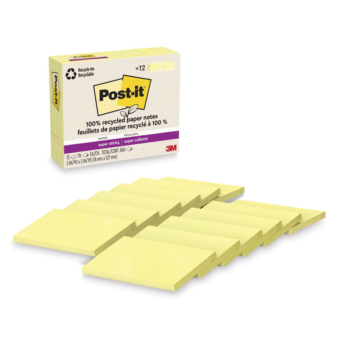 Open in modal - Post-it Recycled Super Sticky Notes - Canary Yellow, 3" x 5", Pkg of 12