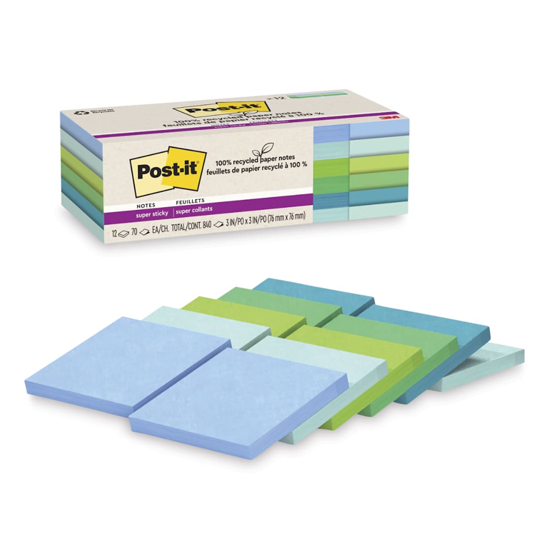 Open in modal - Post-it Recycled Super Sticky Notes - Oasis Collection, 3" x 3", Pkg of 12