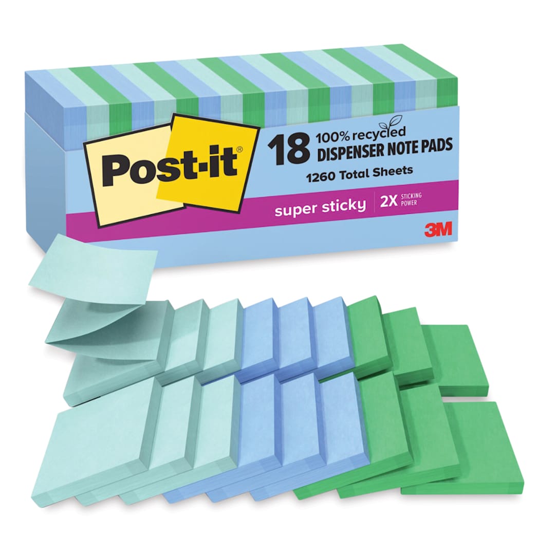 Open in modal - Post-it Recycled Super Sticky Pop-Up Notes - Oasis Collection, 3" x 3", Pkg of 18 contents