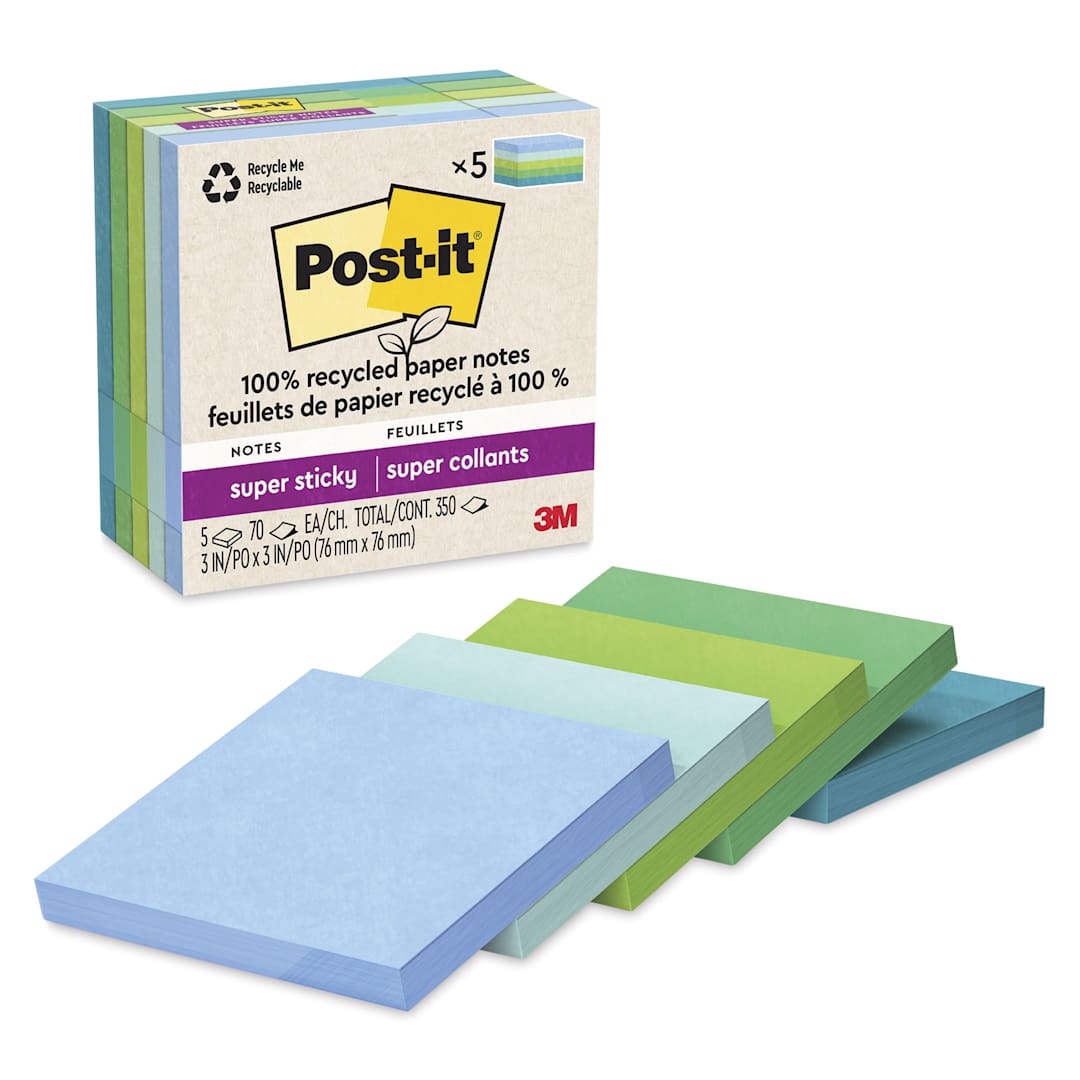 Open in modal - Post-it Recycled Super Sticky Notes - Oasis Collection, 3" x 3", Pkg of 5