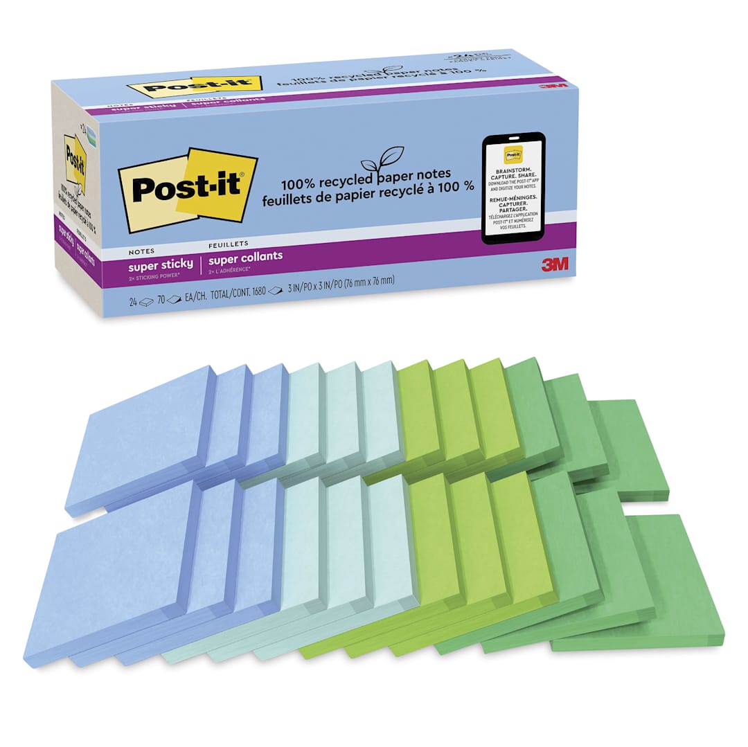 Open in modal - Post-it Recycled Super Sticky Notes - Oasis Collection, 3" x 3", Pkg of 24