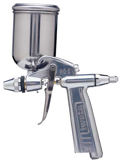 Open in modal - Iwata RG-3 Spray Gun - Side view of Spray Gun showing Gravity feed cup
