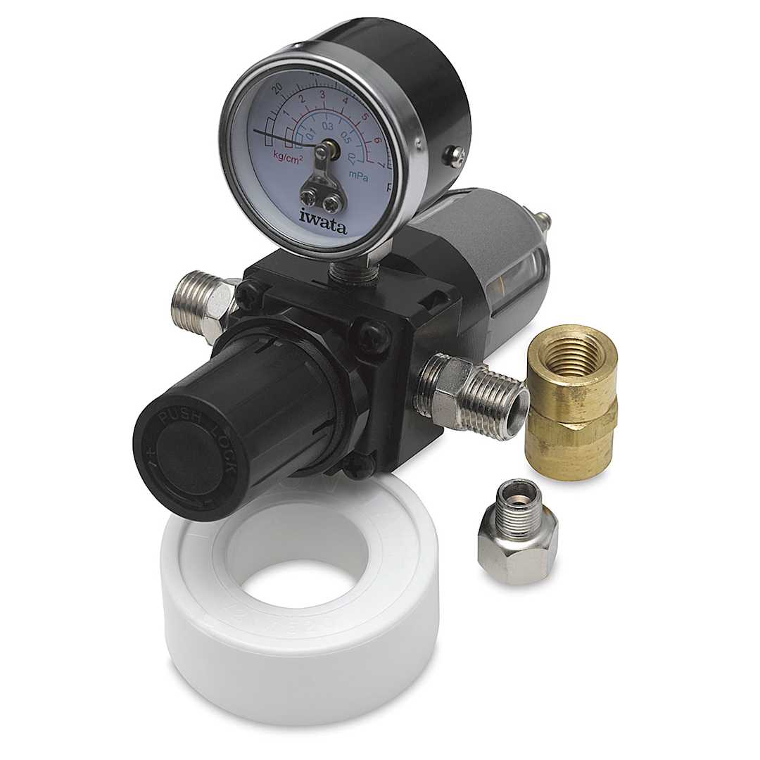 Open in modal - Iwata Moisture Filter Pressure Regulator - Front view showing gauge with tape, adaptors adjacent