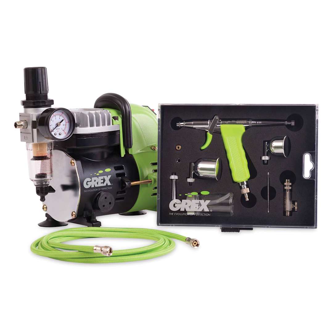 Open in modal - Grex Genesis XT Airbrush Combo Kit - Compressor and other components of kit shown