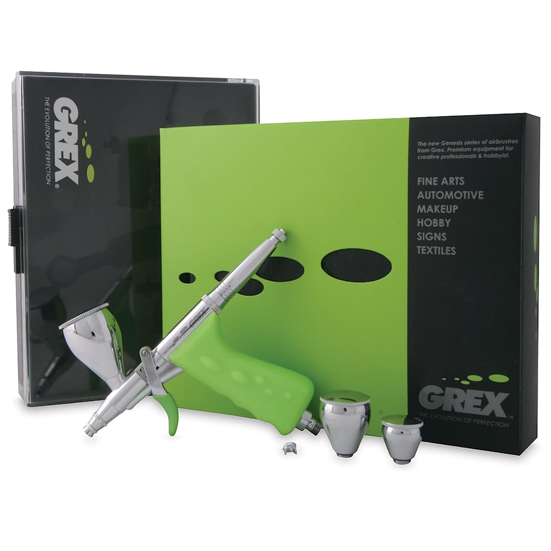 Open in modal - Grex Tritium TG Dual Action Top Gravity Airbrush Sets - Components shown in front of package