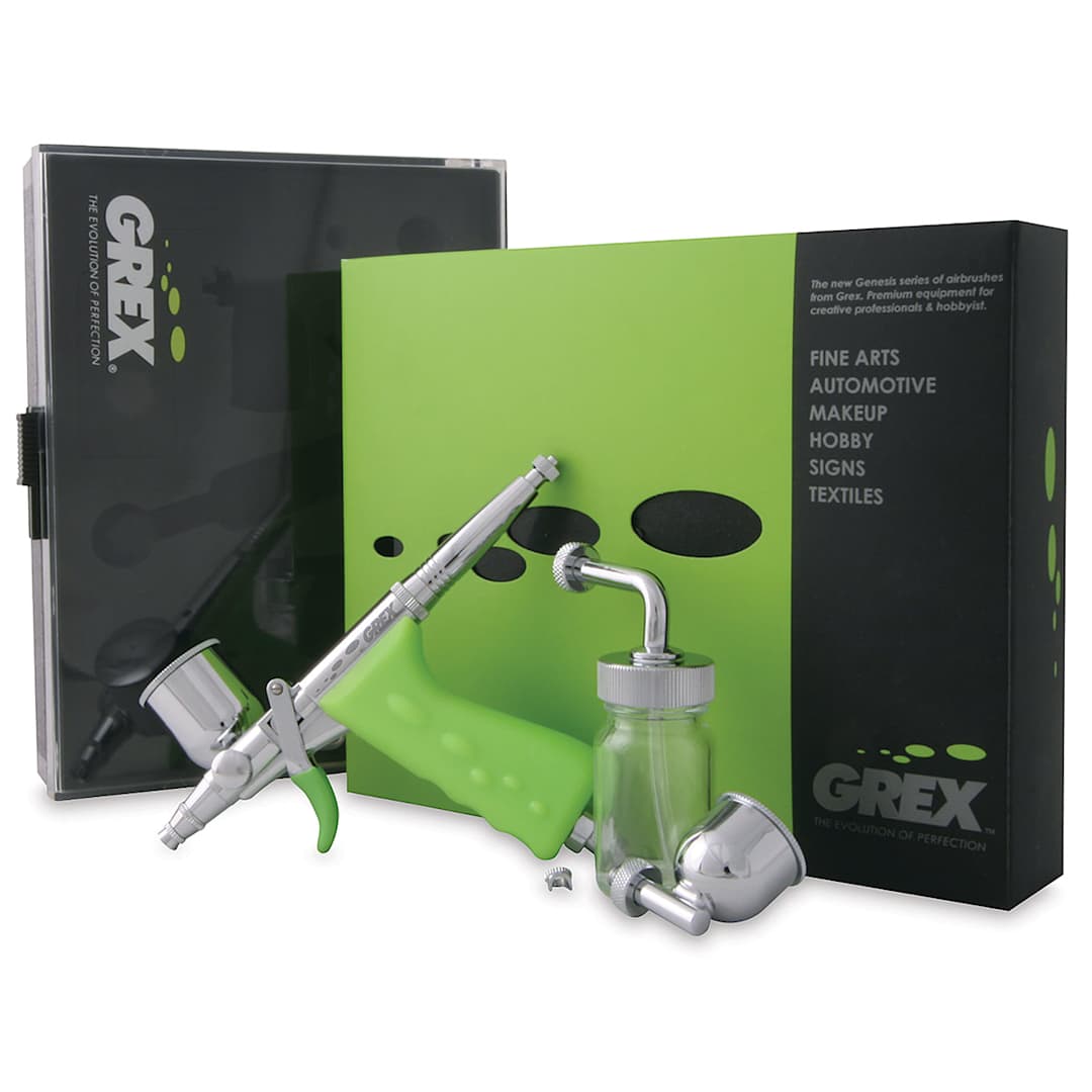 Open in modal - Grex Tritium TS Dual Action Side Gravity Airbrush Set - Components shown in front of package