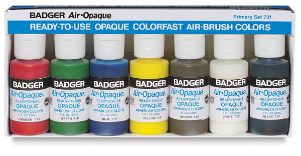 Open in modal - Badger Air-Opaque Airbrush Paints and Set - Front of package of 10 pc 1 oz Primary Set