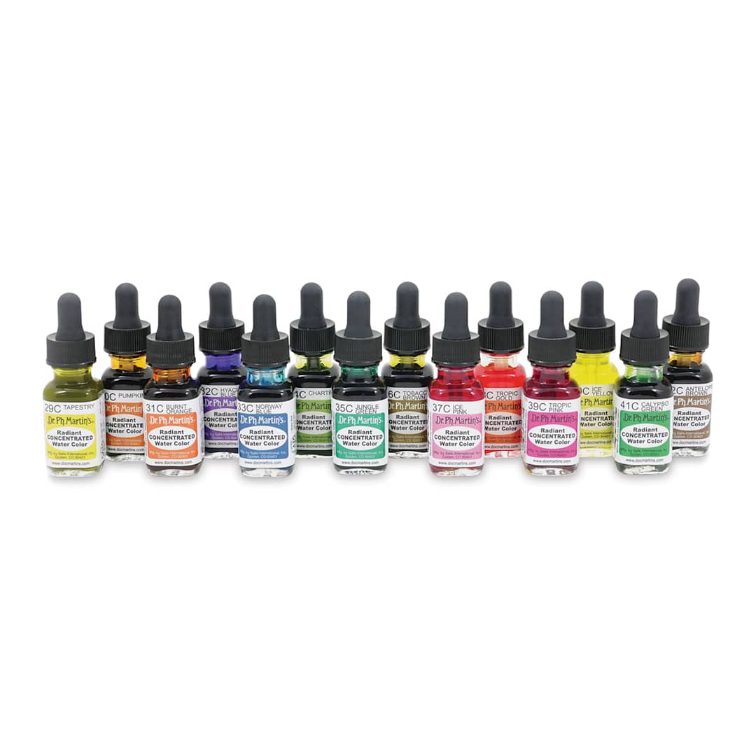 Open in modal - Dr. Ph. Martin's Radiant Concentrated Watercolor Set - 1/2 oz, Set of 14, Assorted, Set C - contents