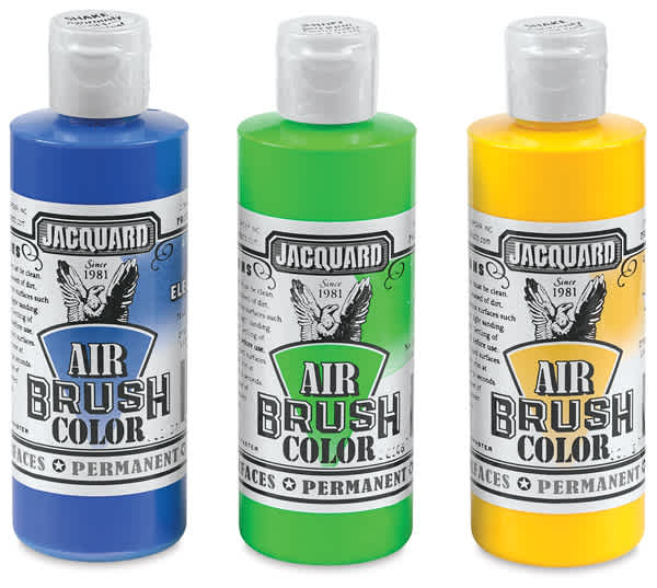 Open in modal - Jacquard Airbrush Paints - Front view of Blue, Green, and Yellow bottles