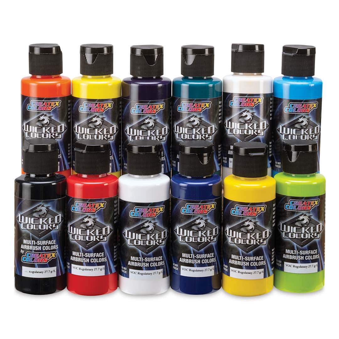 Open in modal - Createx Wicked Colors Airbrush Paint Sets - Component bottles of 12 pc Opaque Colors set