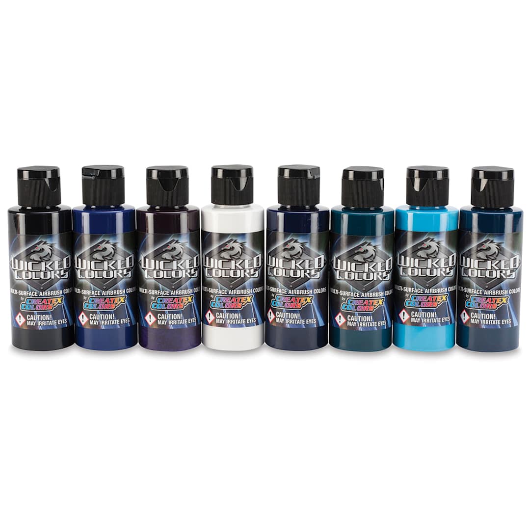 Open in modal - Createx Wicked Colors Airbrush Paint Sets - Component bottles of 8 pc Kent Lind Cool Colors set