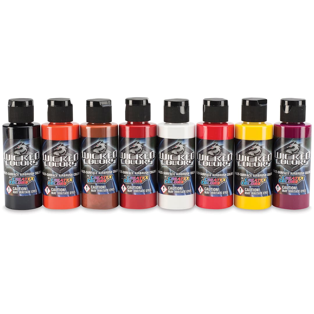 Open in modal - Createx Wicked Colors Airbrush Paint Sets - Component bottles of 8 pc Kent Lind Warm Colors set