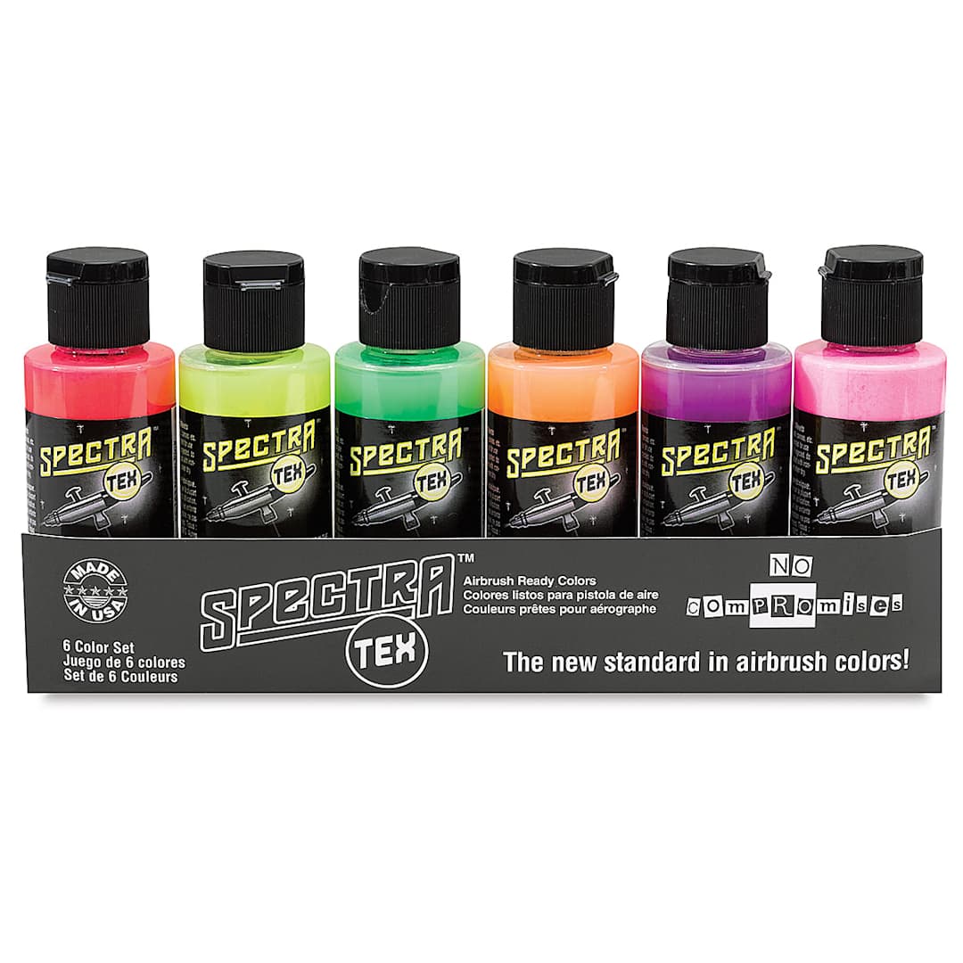 Open in modal - Badger Spectra Tex Airbrush Color Sets - Set of 6 Neon Colors shown in package