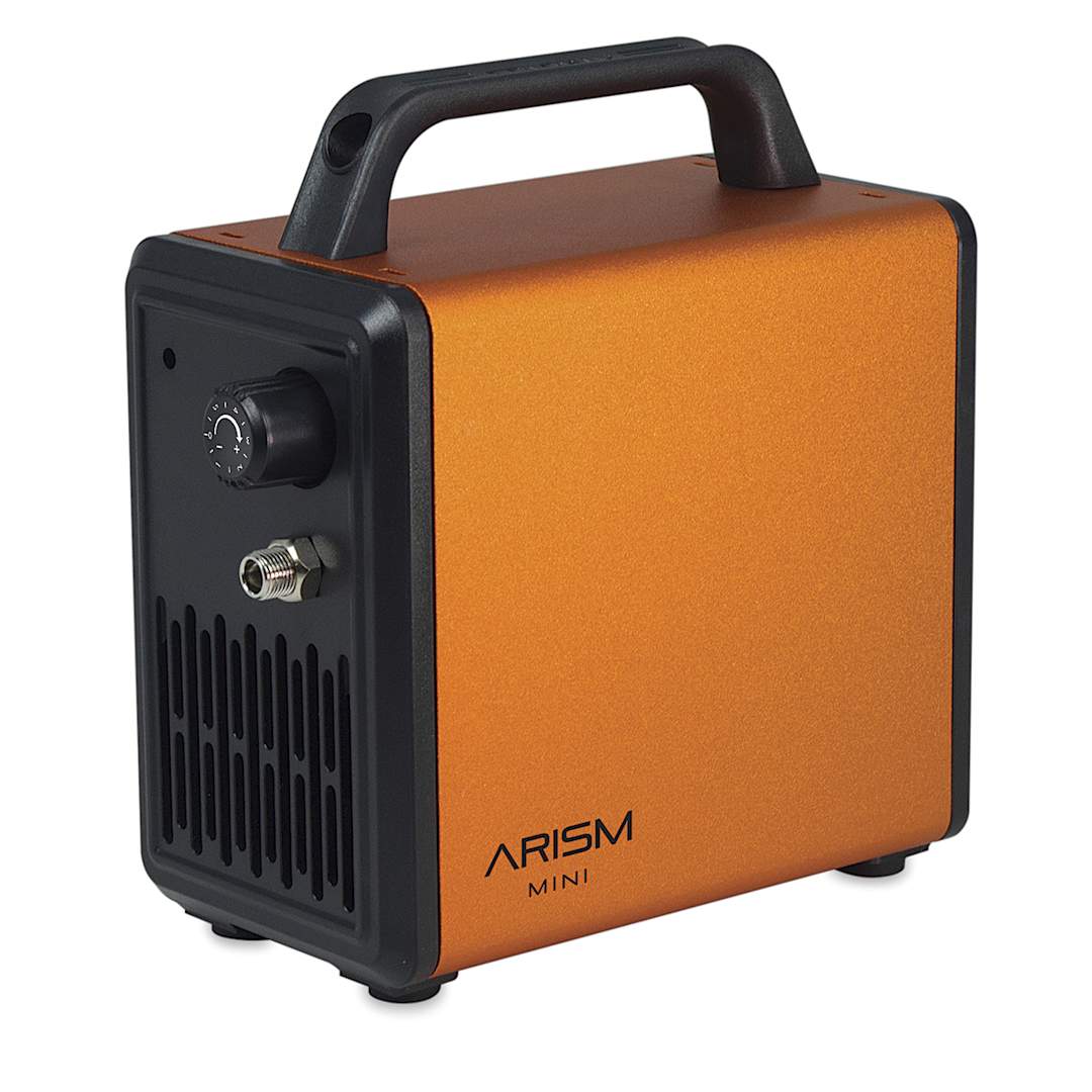 Open in modal - Sparmax Arism Mini Compressor - Angled view of Electric Orange Compressor