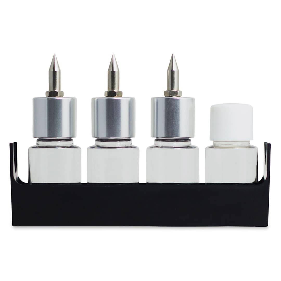 Open in modal - Airbrush Accessories - 4 plastic bottles in stand, 1 with plain cap, 3 with Airbrush attachment caps