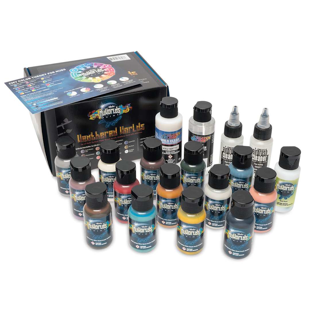 Open in modal - Iwata Medea NuWorlds Airbrush Paints - Weathered Worlds, Set of 19, out of packaging