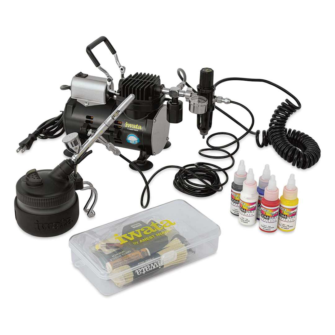 Open in modal - Blick Complete Airbrush System by Iwata - Components of set shown assembled 