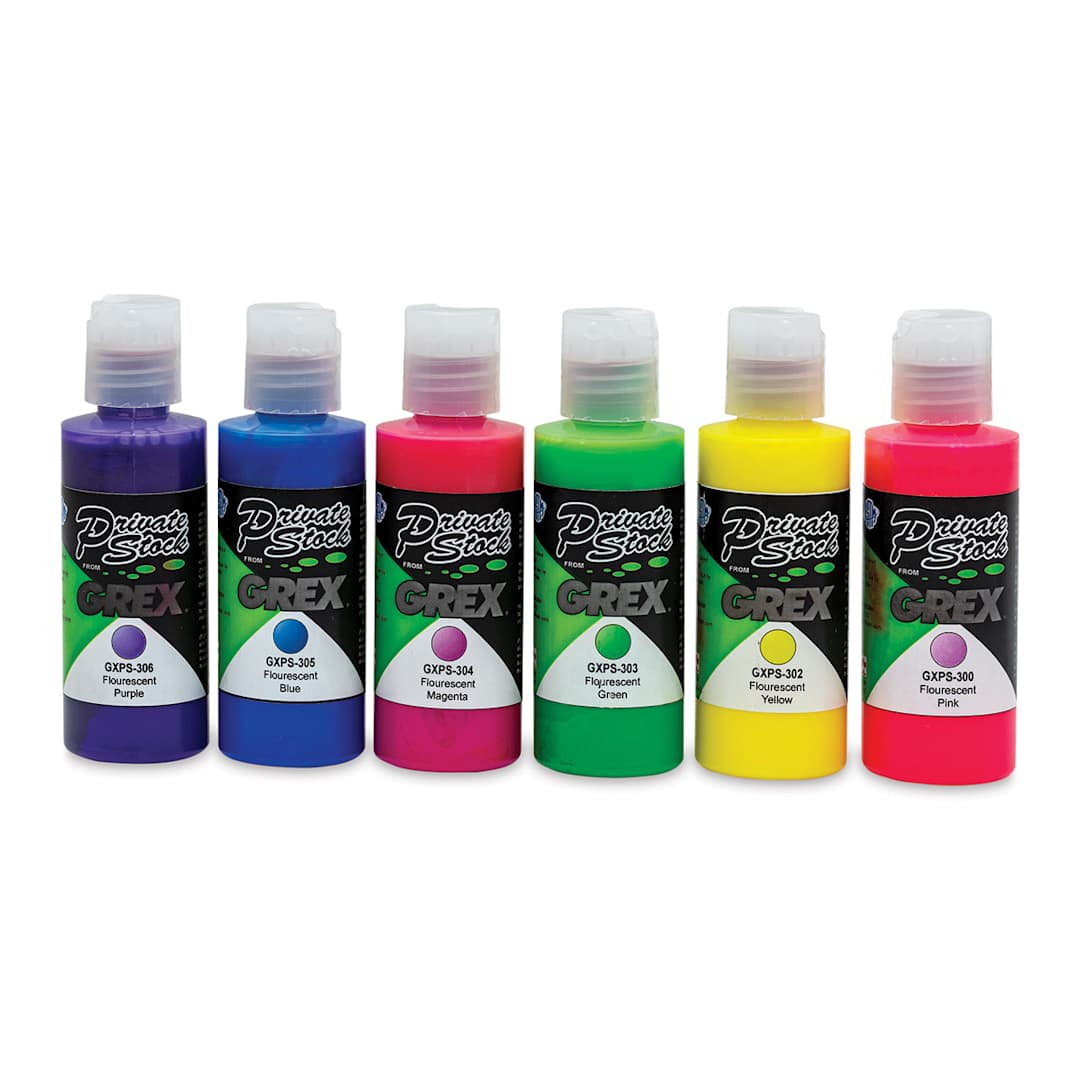 Open in modal - Grex Private Stock Airbrush Colors - Fluorescent Colors, Set of 6, 2 oz