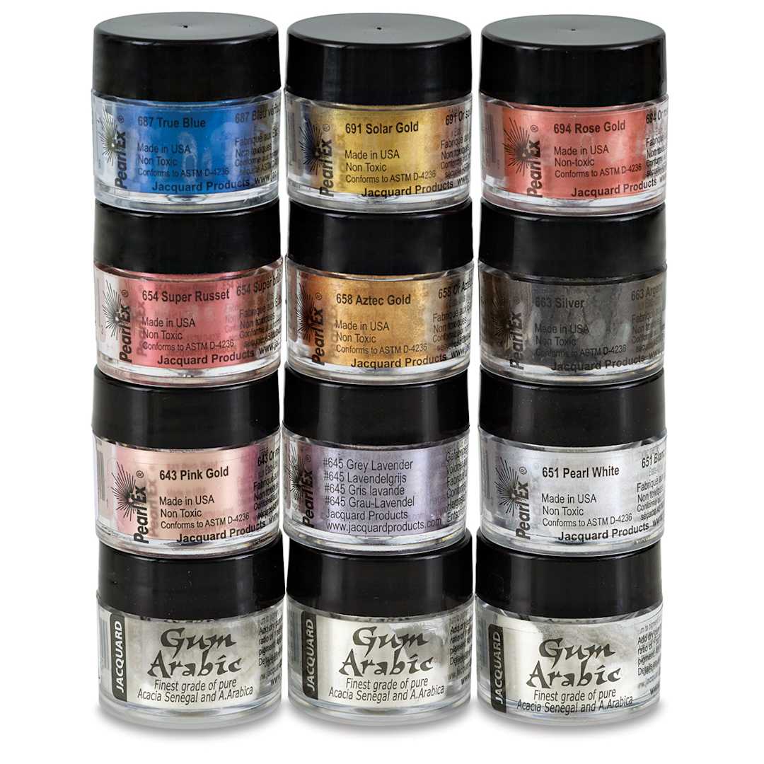 Open in modal - Jacquard Pearl-Ex Pigment Sets - 12-Color Metallic Calligraphy Set, bottles shown 