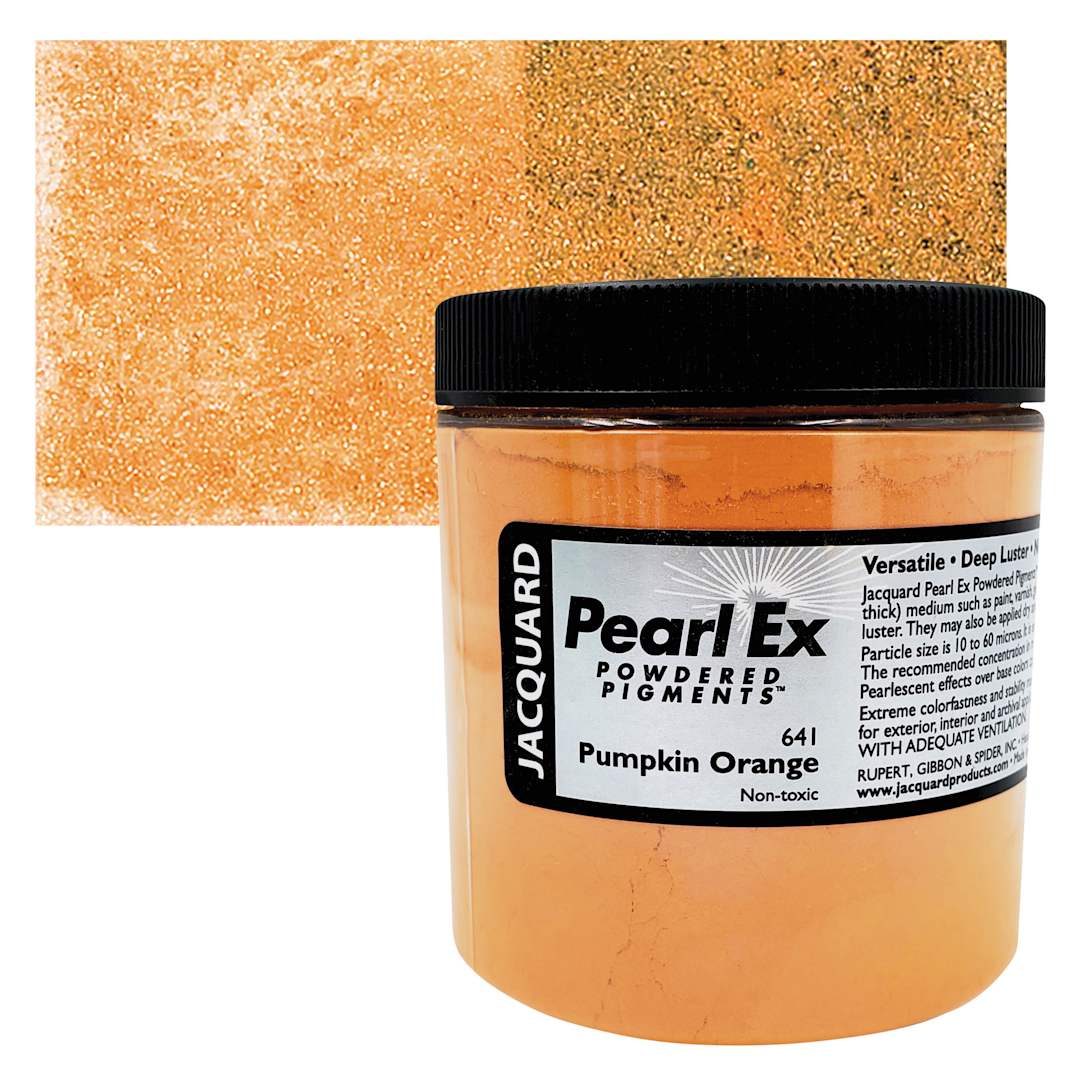 Open in modal - Jacquard Pearl-Ex Pigment - 4 oz, Pumpkin Orange, Jar and swatch