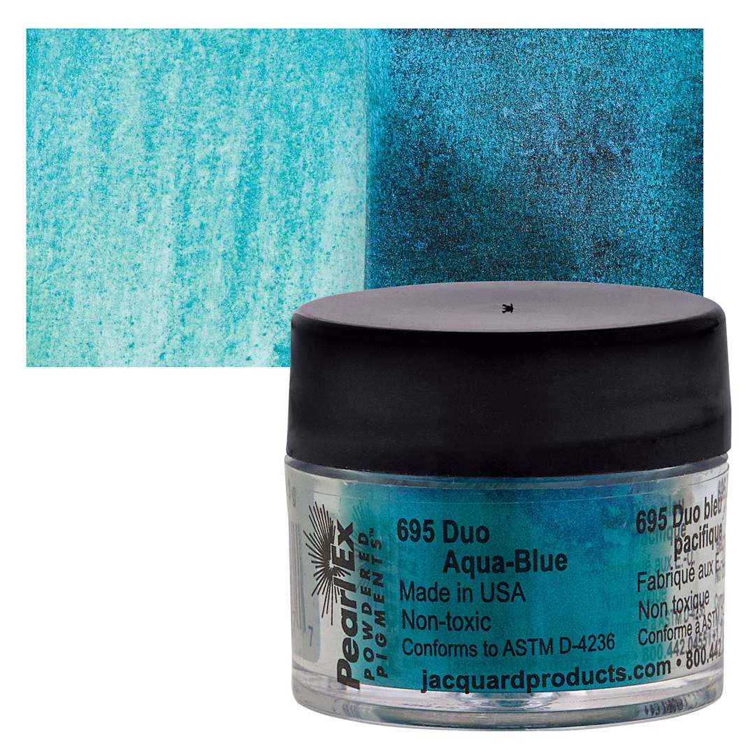 Open in modal - Jacquard Pearl-Ex Pigment - Duo Aqua-Blue, 0.1 oz, Jar and swatch
