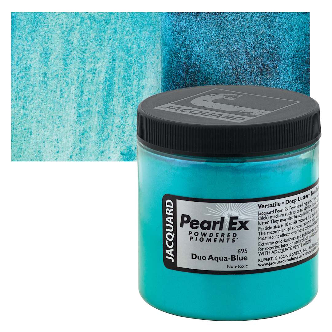 Open in modal - Jacquard Pearl-Ex Pigment - Duo Aqua-Blue, 4 oz, Jar and swatch