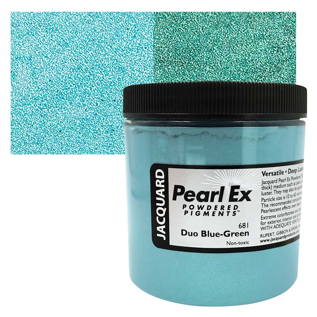 Open in modal - Jacquard Pearl-Ex Pigment - 4 oz, Duo Blue-Green, Jar and swatch