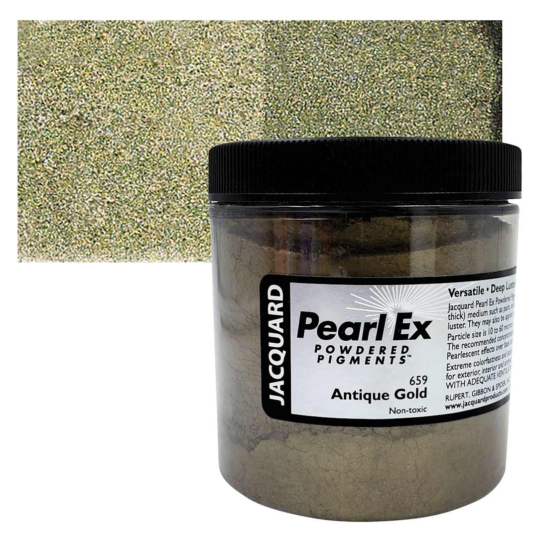 Open in modal - Jacquard Pearl-Ex Pigment - 4 oz, Antique Gold, Jar and swatch