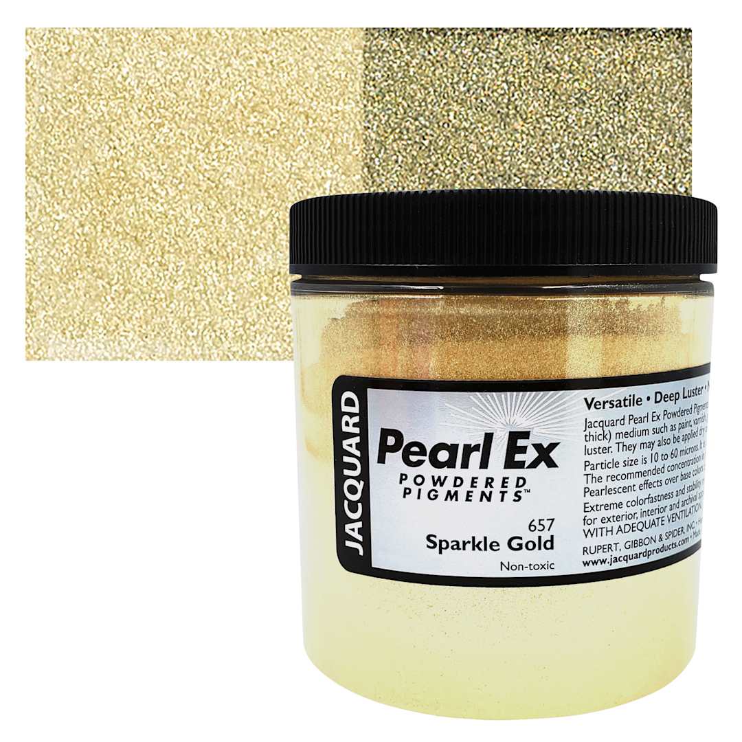 Open in modal - Jacquard Pearl-Ex Pigment - 4 oz, Sparkle Gold, Jar and swatch