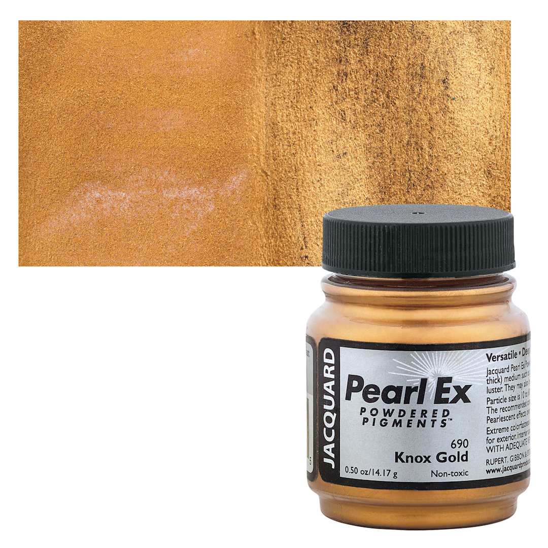 Open in modal - Jacquard Pearl-Ex Pigment - Knox Gold, .5 oz, Jar and swatch