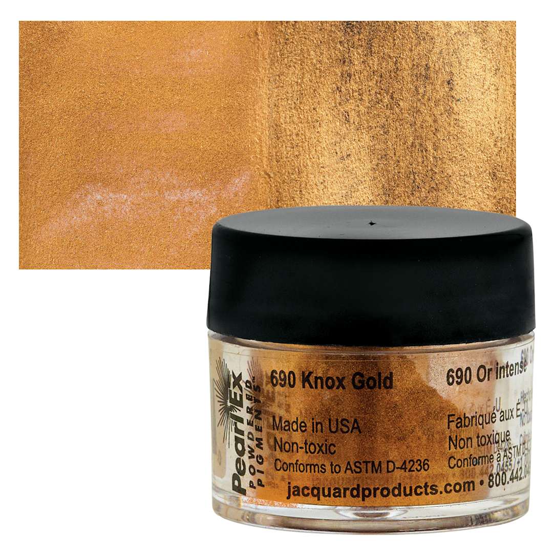 Open in modal - Jacquard Pearl-Ex Pigment - Knox Gold, .1 oz, Jar and swatch