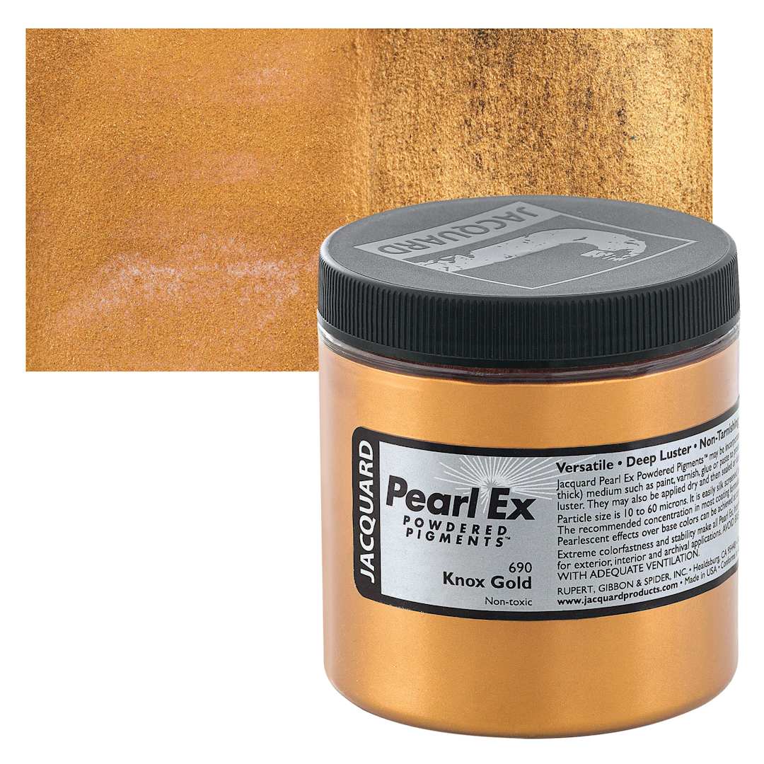 Open in modal - Jacquard Pearl-Ex Pigment - Knox Gold, 4 oz, Jar and swatch