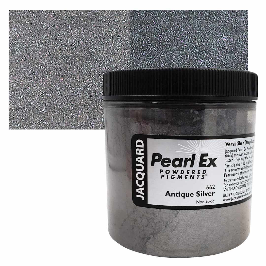Open in modal - Jacquard Pearl-Ex Pigment - 4 oz, Antique Silver, Jar and swatch