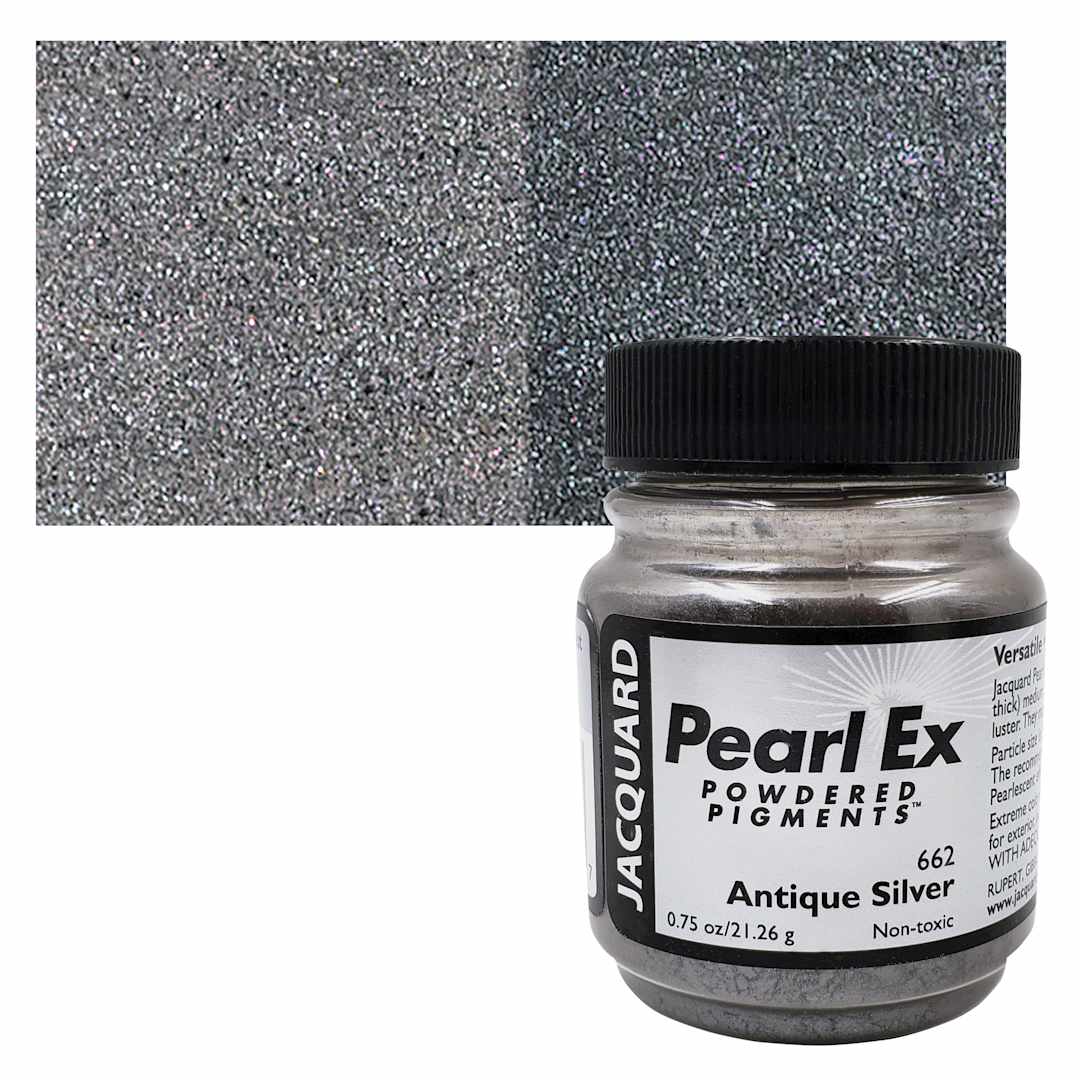 Open in modal - Jacquard Pearl-Ex Pigment - 0.75 oz, Antique Silver jar and swatch