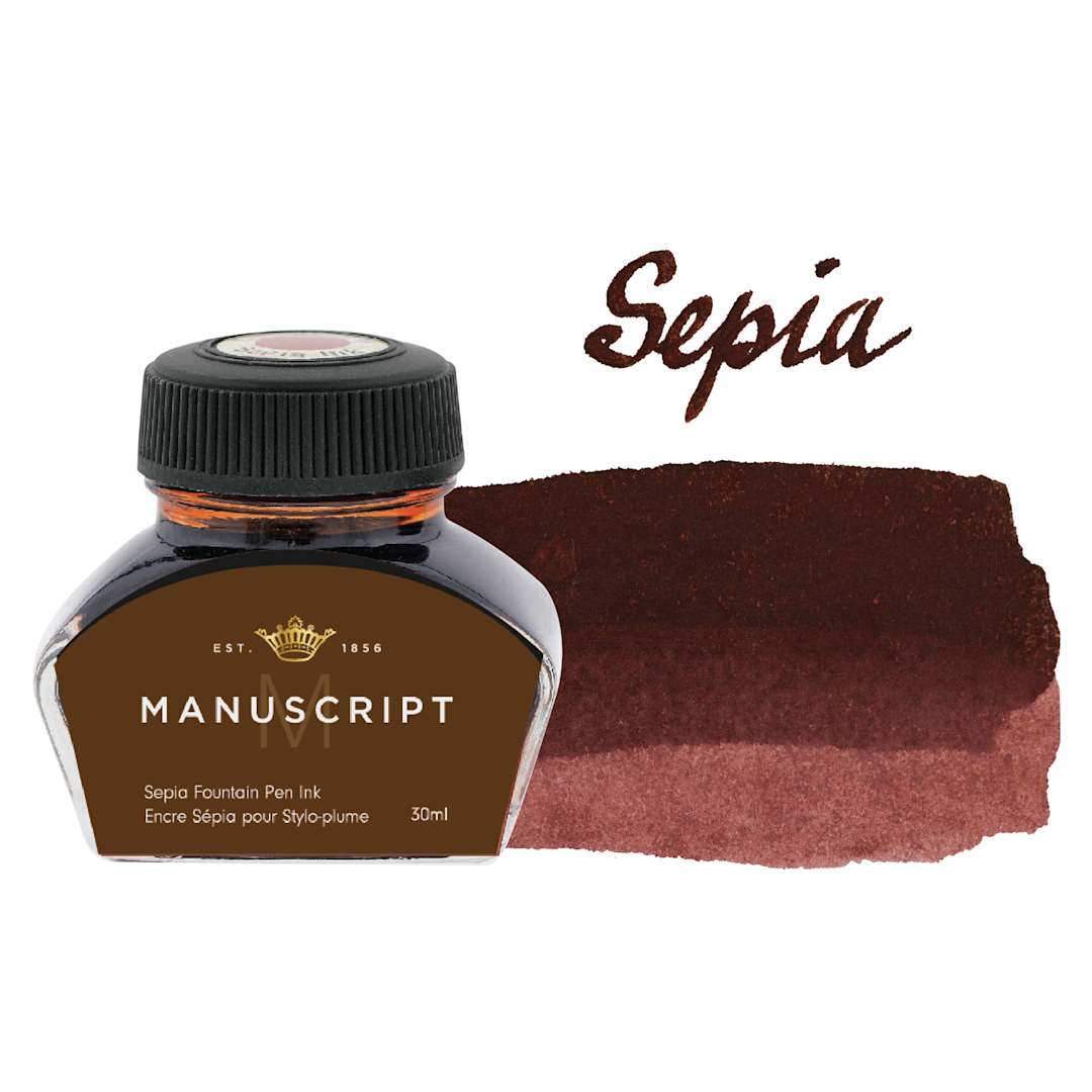 Open in modal - Manuscript Fountain Pen Ink - Sepia, 30 ml bottle and swatch