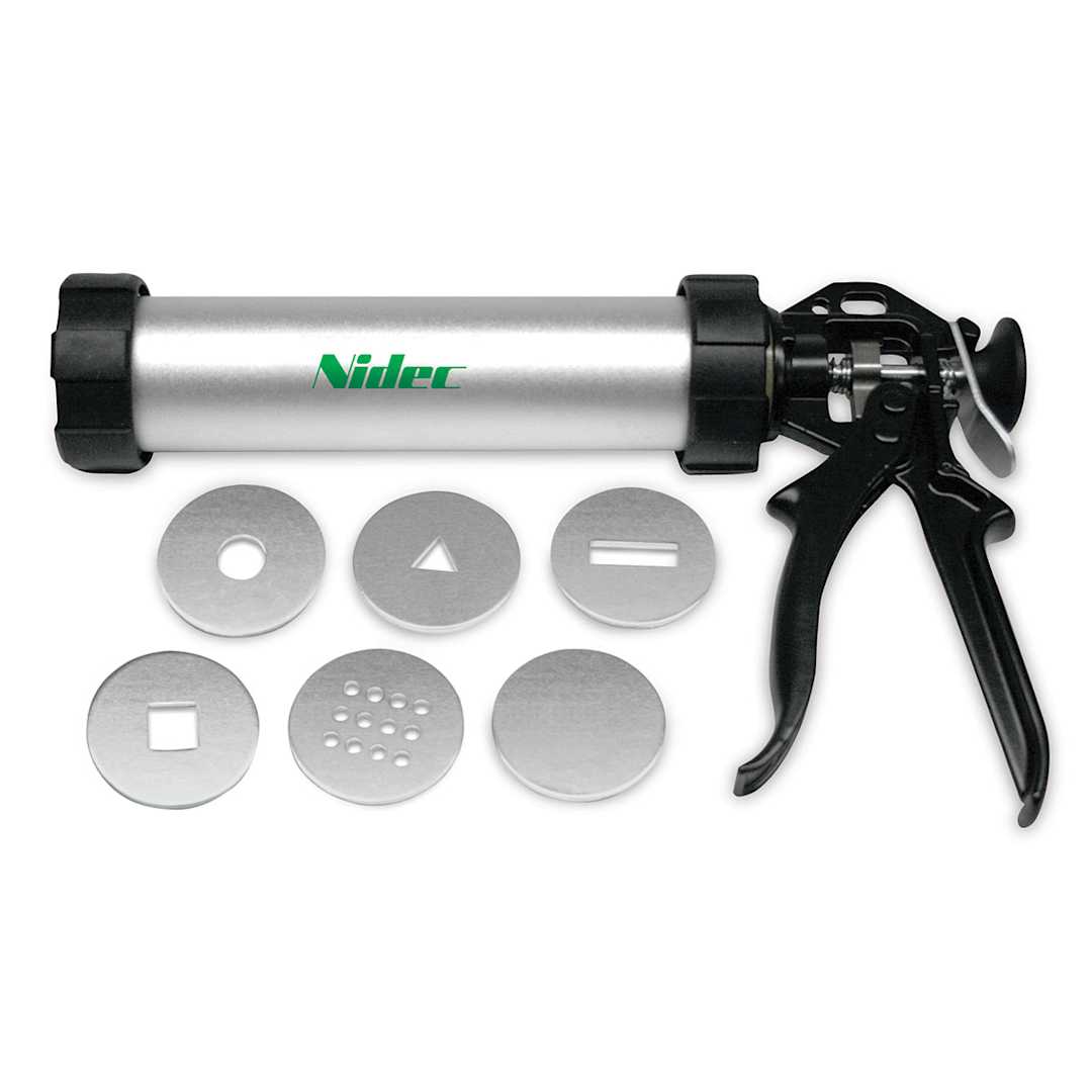 Open in modal - Side view of Nidec Shimpo Handheld Extruder with 5 dies and 1 blank die adjacent