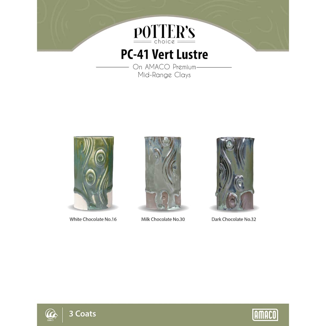 Open in modal - Amaco Potter's Choice Glazes - Vert Lustre, PC-41. Color sample in light-dark green, gold outlines.