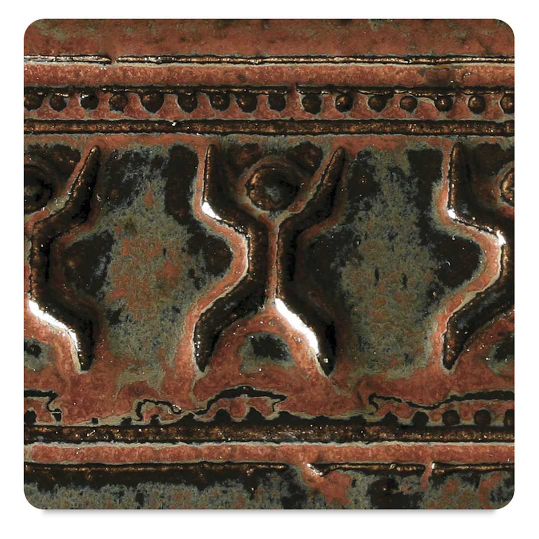 Open in modal - Amaco Potter's Choice Glazes - Ancient Jasper, PC-53. Color sample in green-copper contrast colors.
