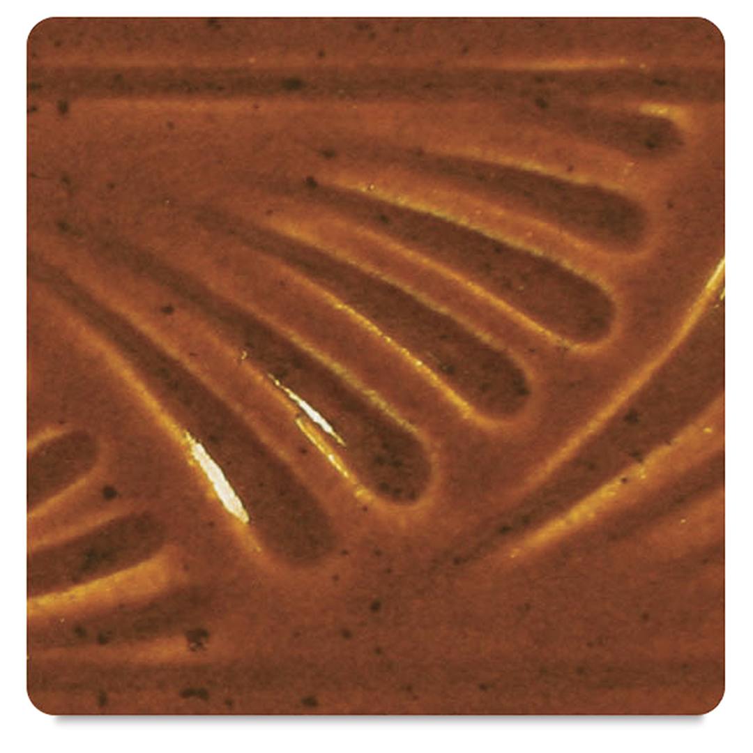 Open in modal - Amaco Potter's Choice Glazes - Deep Sienna Speckle, PC-52. Color sample of dark speckles on Sienna.
